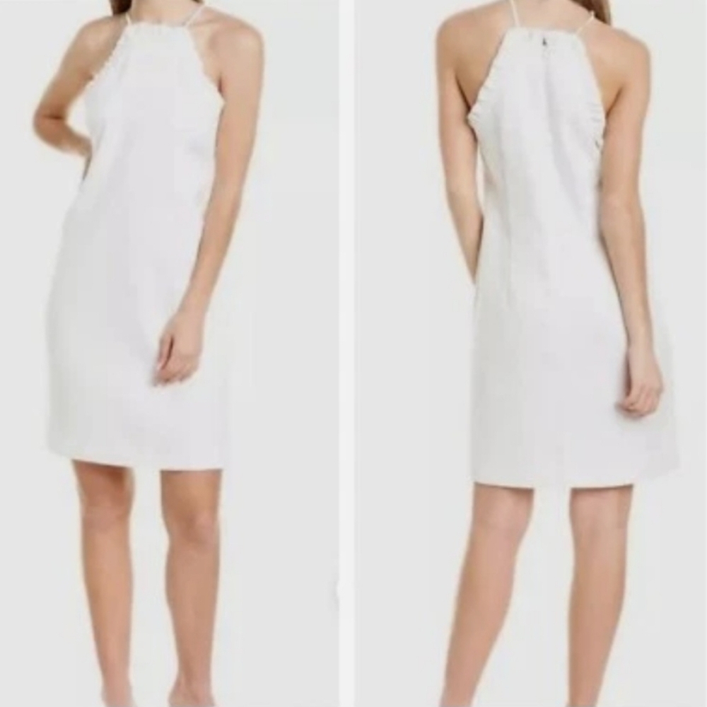 NWOT Trina Turk White textured spaghetti strap dress with ruffle top hem size 12